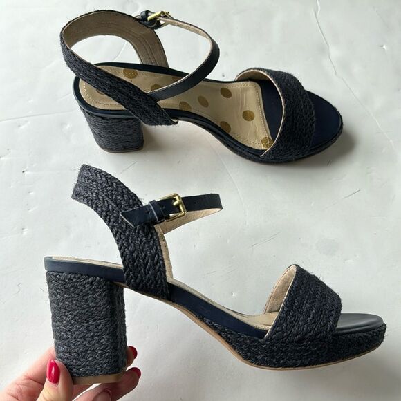 Boden Womens Sz 39 / US 8 Constance Block Heels Navy‎ Raffia Cottagecore Summer - Picture 1 of 13